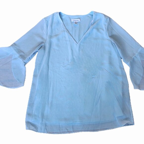 Calvin Klein Women's Petite S Baby Blue 3/4 Sleeve Blouse Flowy Lightweight Top - Picture 1 of 2